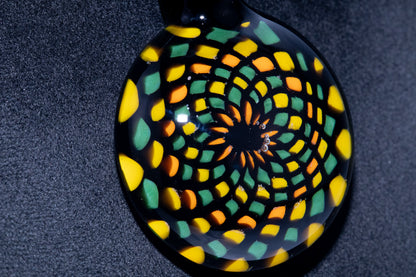 Unique Mandala Glass Pendant | Colorful Fillacello Green bay Packers Design | Sacred Geometry Jewelry Art