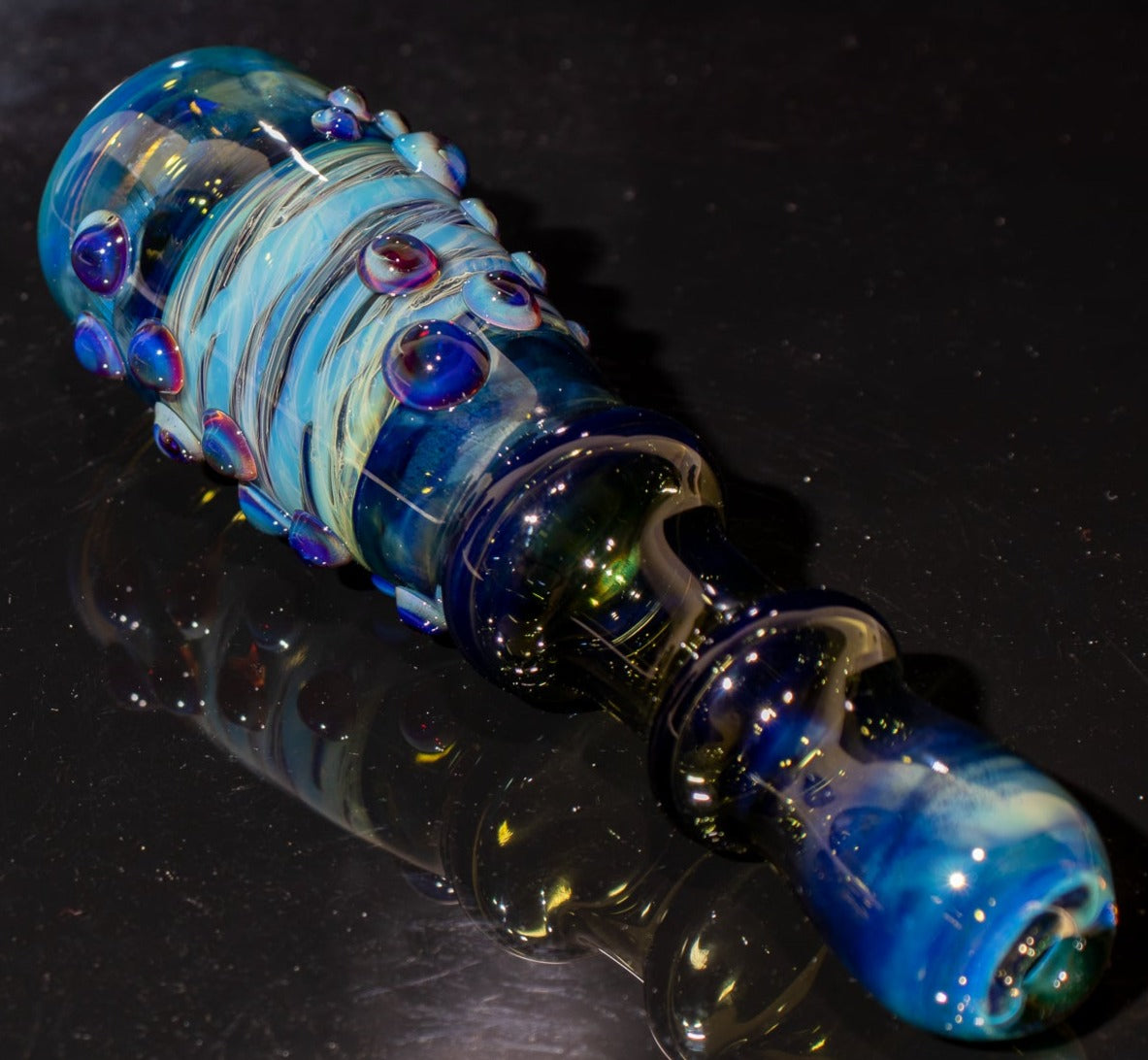 Large Fumed Glass Art | Heady Galaxy Bat | Blue Rainbow Borosilicate | Silver Fumed Handblown Glass