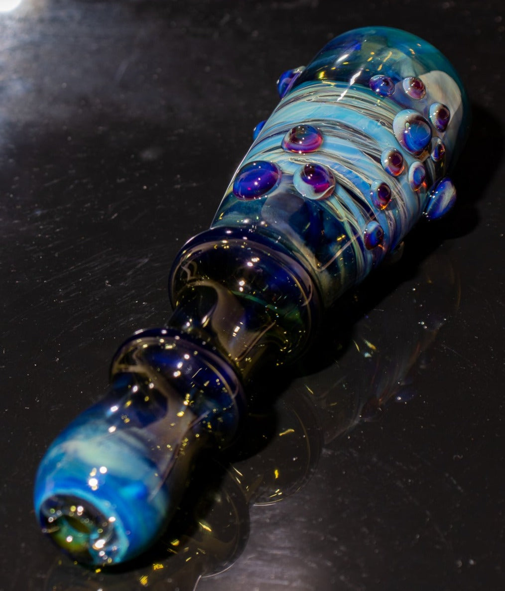 Large Fumed Glass Art | Heady Galaxy Bat | Blue Rainbow Borosilicate | Silver Fumed Handblown Glass