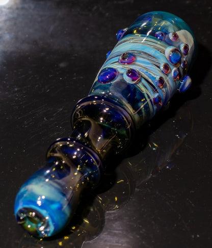 Large Fumed Glass Art | Heady Galaxy Bat | Blue Rainbow Borosilicate | Silver Fumed Handblown Glass