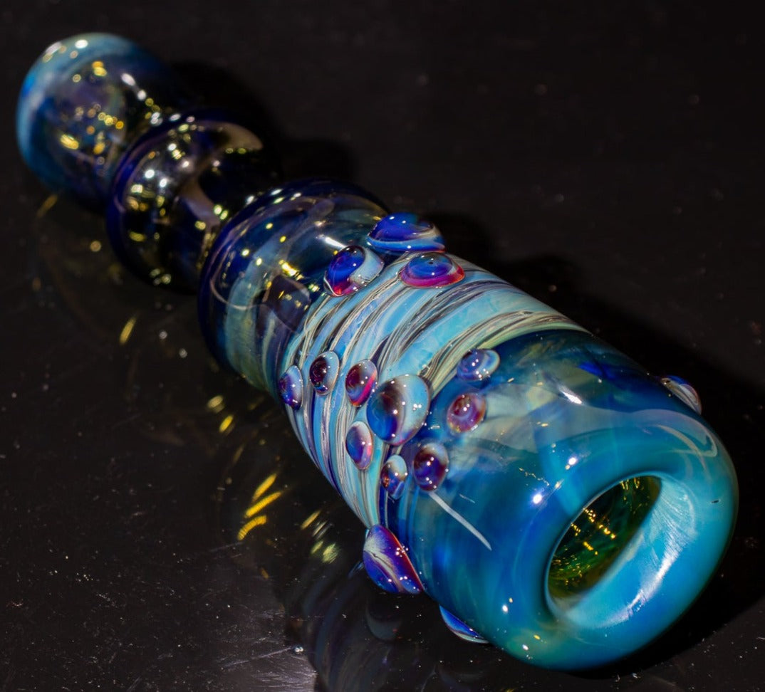 Large Fumed Glass Art | Heady Galaxy Bat | Blue Rainbow Borosilicate | Silver Fumed Handblown Glass