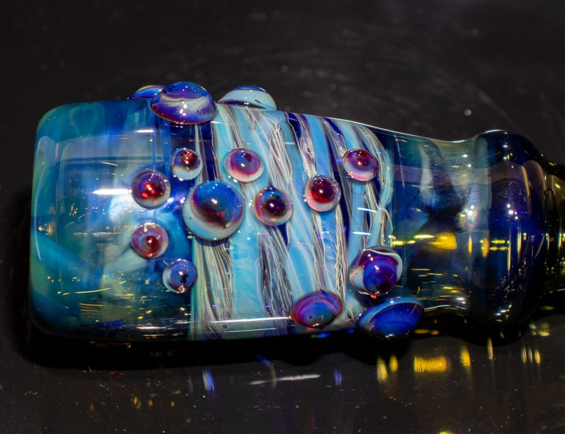Large Fumed Glass Art | Heady Galaxy Bat | Blue Rainbow Borosilicate | Silver Fumed Handblown Glass