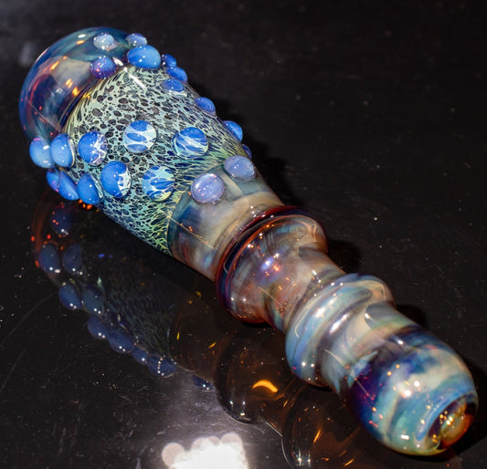 Large Fumed Glass Art | Heady Galaxy Bat | Blue Rainbow Borosilicate | Silver Fumed Handblown Glass