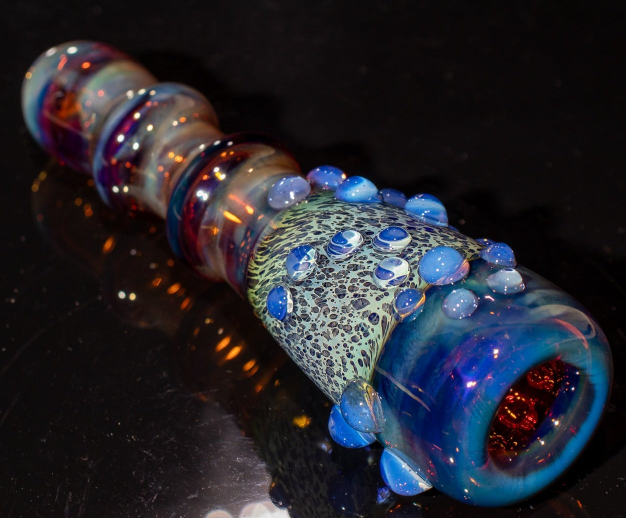 Large Fumed Glass Art | Heady Galaxy Bat | Blue Rainbow Borosilicate | Silver Fumed Handblown Glass