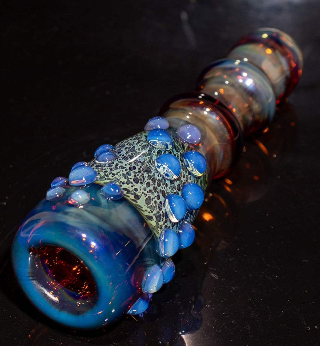 Large Fumed Glass Art | Heady Galaxy Bat | Blue Rainbow Borosilicate | Silver Fumed Handblown Glass