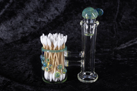 Q-tip Container with Cleaning Bottle | Borosilicate Glass Jar | Heady Glass Jar | Handblown Functional Glass