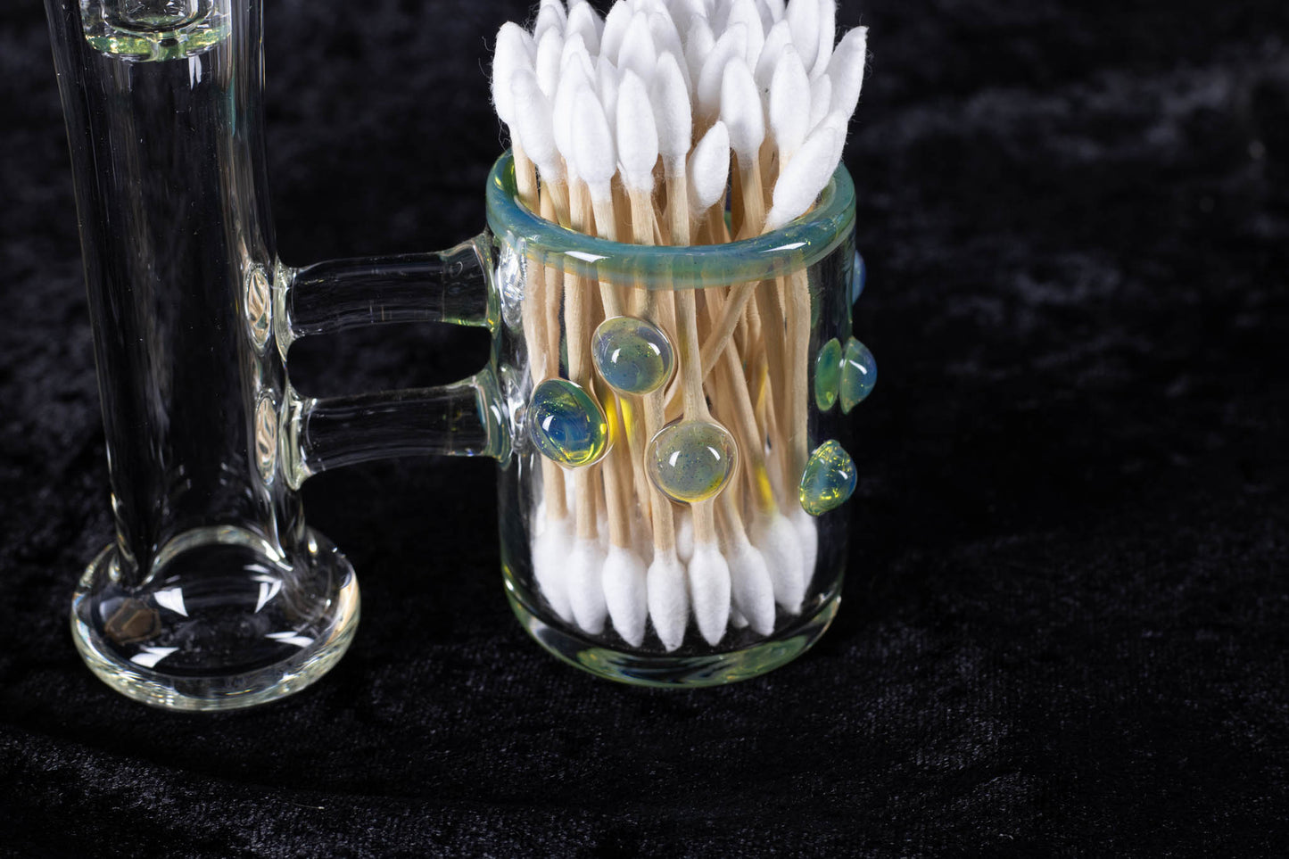 Q-tip Container with Cleaning Bottle | Borosilicate Glass Jar | Heady Glass Jar | Handblown Functional Glass