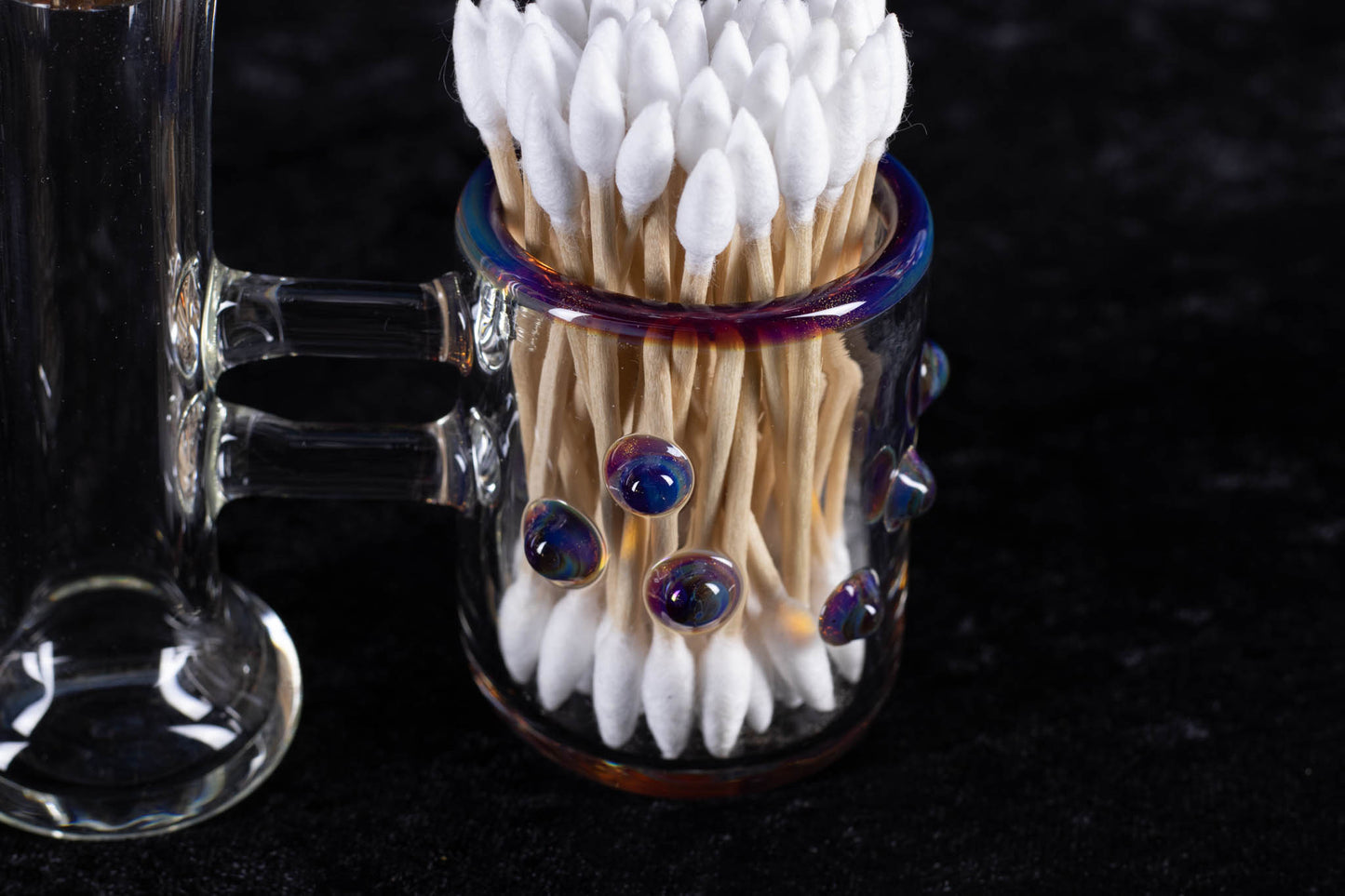 Q-tip Container with Cleaning Bottle | Borosilicate Glass Jar | Heady Glass Jar | Handblown Functional Glass