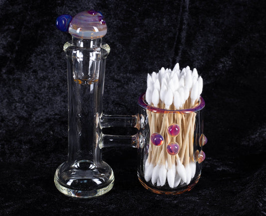 Q-tip Container with Cleaning Bottle | Borosilicate Glass Jar | Heady Glass Jar | Handblown Functional Glass