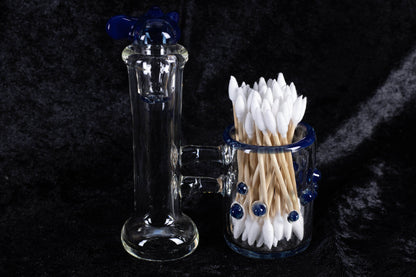 Q-tip Container with Cleaning Bottle | Borosilicate Glass Jar | Heady Glass Jar | Handblown Functional Glass