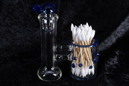 Q-tip Container with Cleaning Bottle | Borosilicate Glass Jar | Heady Glass Jar | Handblown Functional Glass
