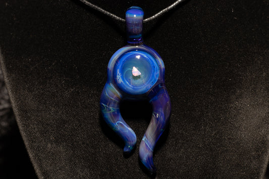 Blue Amber Purple Talisman with Encased Opal | Borosilicate Pendant Necklace | Sculpted Horn Pendant