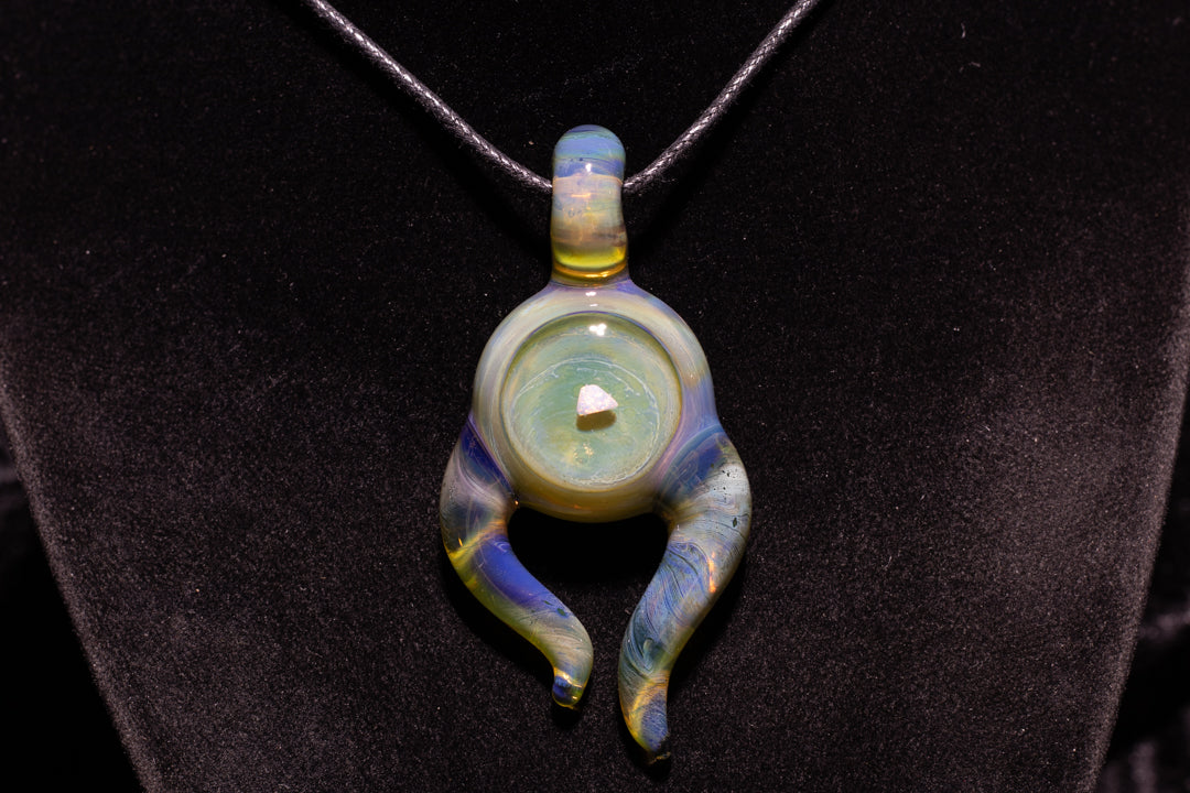 Green Envy Talisman with Encased Opal | Borosilicate Pendant Necklace | Sculpted Horn Pendant