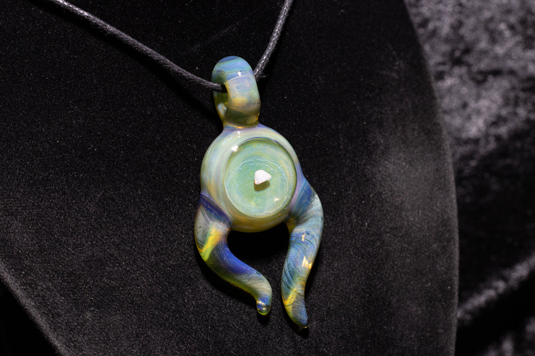 Green Envy Talisman with Encased Opal | Borosilicate Pendant Necklace | Sculpted Horn Pendant