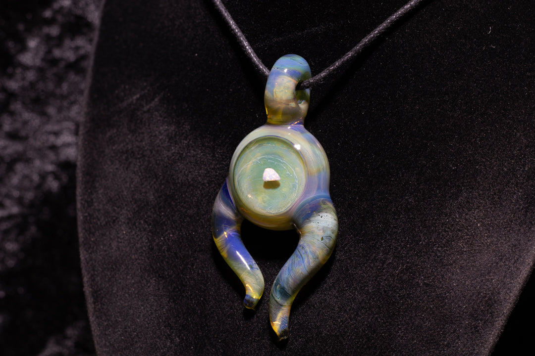 Green Envy Talisman with Encased Opal | Borosilicate Pendant Necklace | Sculpted Horn Pendant