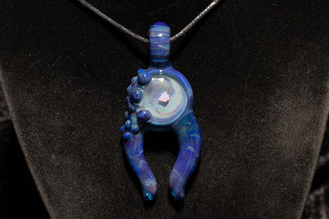 Blue Amber Purple Talisman with Encased Opal | Borosilicate Pendant Necklace | Sculpted Horn Pendant
