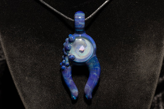 Blue Amber Purple Talisman with Encased Opal | Borosilicate Pendant Necklace | Sculpted Horn Pendant
