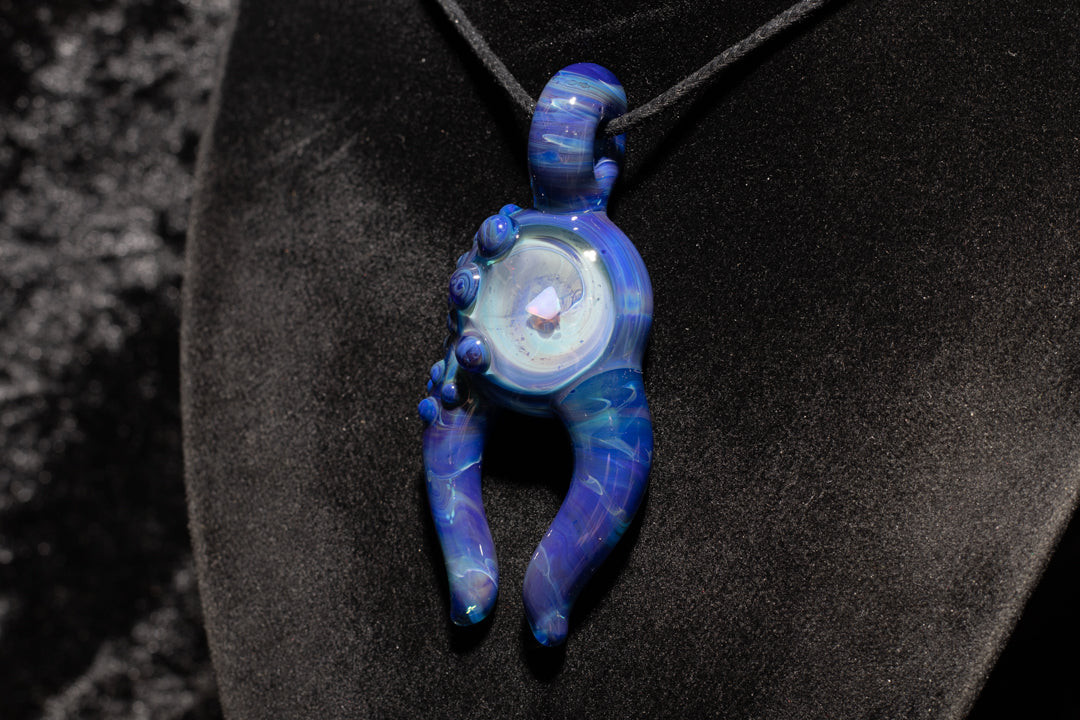 Blue Amber Purple Talisman with Encased Opal | Borosilicate Pendant Necklace | Sculpted Horn Pendant