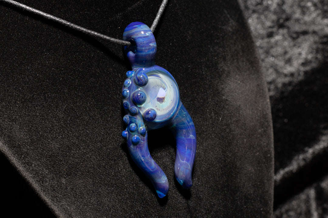 Blue Amber Purple Talisman with Encased Opal | Borosilicate Pendant Necklace | Sculpted Horn Pendant