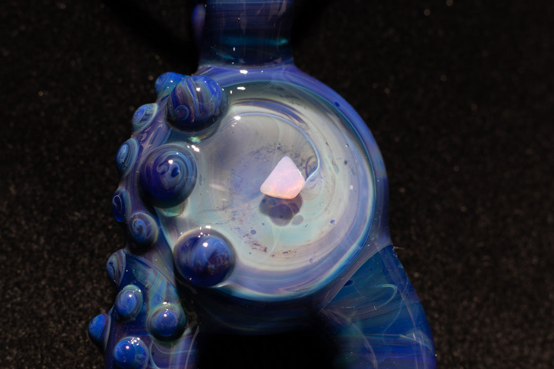 Blue Amber Purple Talisman with Encased Opal | Borosilicate Pendant Necklace | Sculpted Horn Pendant