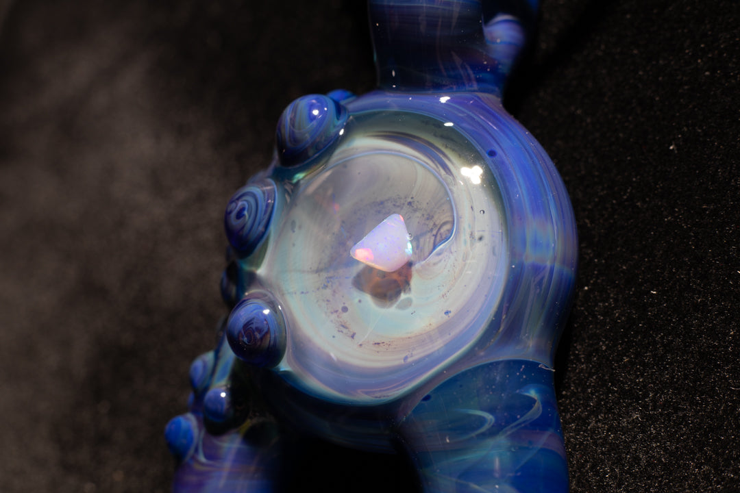 Blue Amber Purple Talisman with Encased Opal | Borosilicate Pendant Necklace | Sculpted Horn Pendant