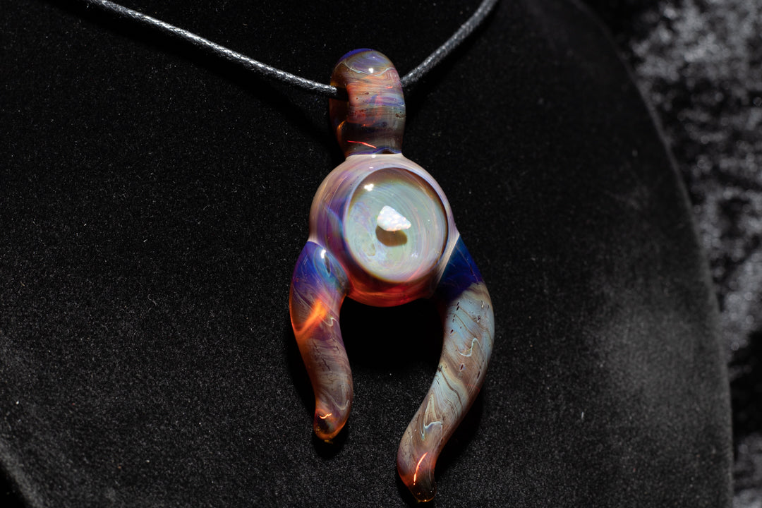 Amber Purple Talisman with Encased Opal | Borosilicate Pendant Necklace | Sculpted Horn Pendant