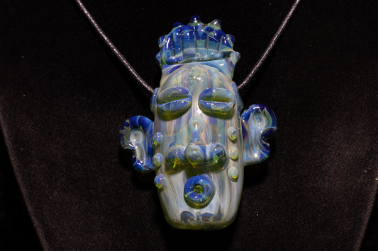 Sparkled Blue Glass Tiki Pendant | Sculpted Moai Necklace | Pele Totem Talisman