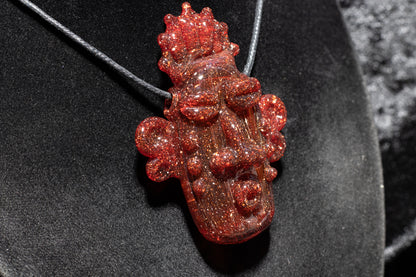 Red Blizzard Glass Tiki Pendant | Sculpted Moai Necklace | Pele Totem Talisman