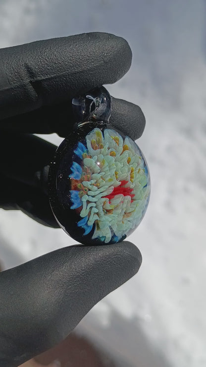 Alien Chrysanthemum Peony Bloom | Galaxy Handblown Glass Flower Pendant | Artisan Space Jewelry